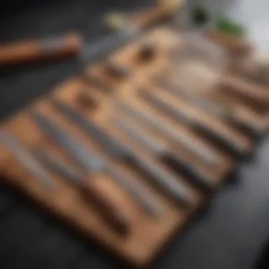 An array of various kitchen knives laid out on a wooden cutting board