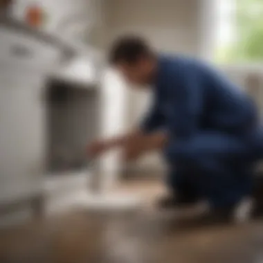 A technician inspecting plumbing under a sink