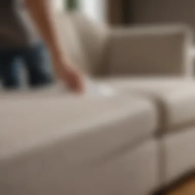 Close-up of couch cleaning agent being applied to fabric