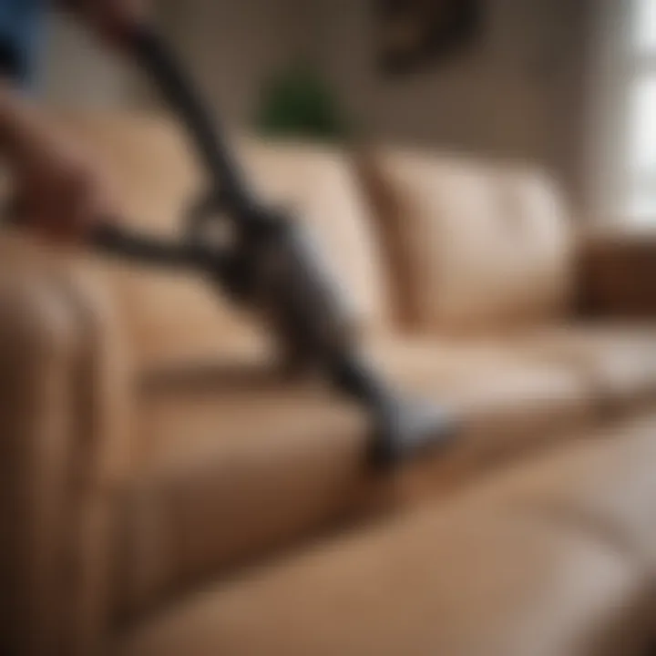 Person using vacuum cleaner on couch upholstery