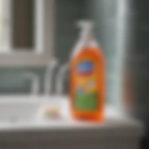 A bottle of dish soap next to a toilet