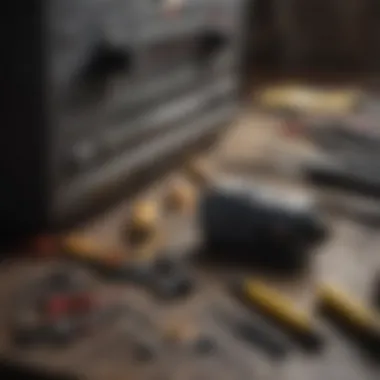 Tools necessary for circuit breaker maintenance laid out on a work surface.