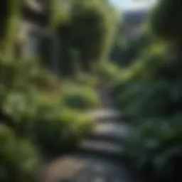 A lush urban garden filled with various plants