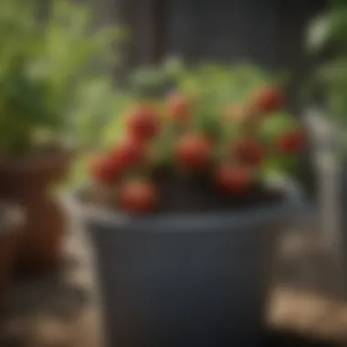 Close-up of healthy tomato plants thriving in pots