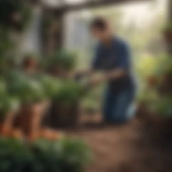 Gardener nurturing plants with watering can in a cozy setup