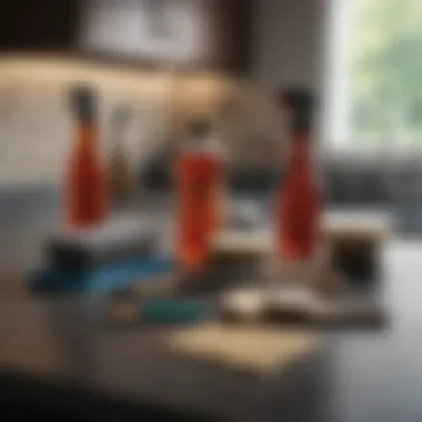Essential Cleaning Tools Essential cleaning tools neatly arranged on a countertop
